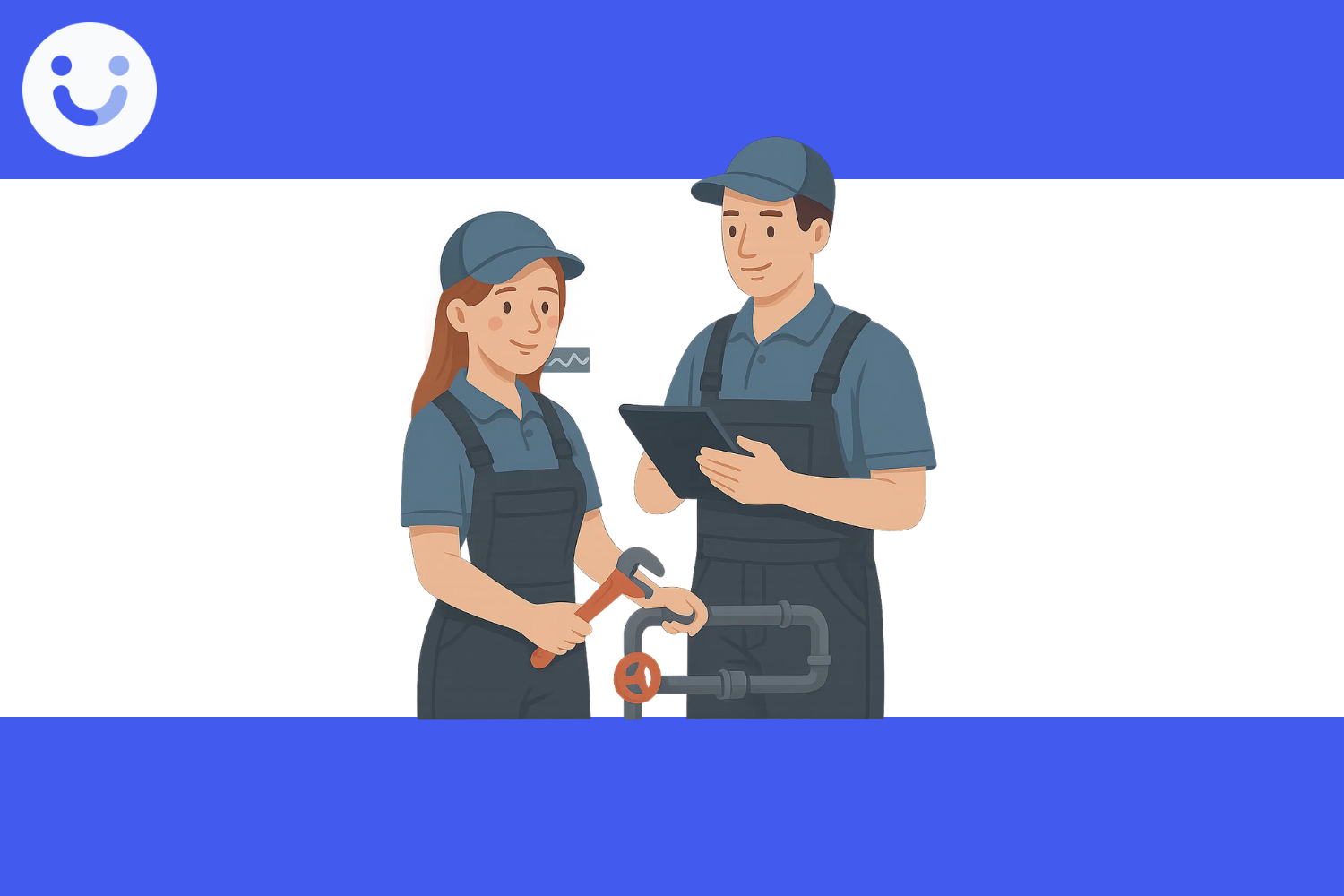 Zwei Menschen in Overalls, die in ein Tablet schauen und einen Schraubenschlüssel in der Hand halten.