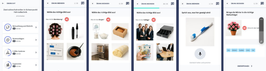 6 Screenshots der Lunes App nebeneinander.